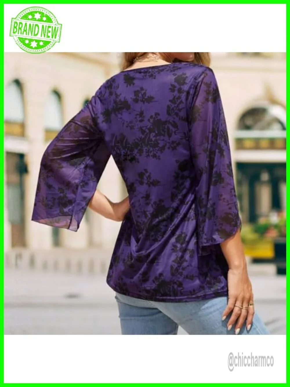 Sheer Mesh Sleeve Double Layer V Neck Ruffle Cuff Tunic Blouse